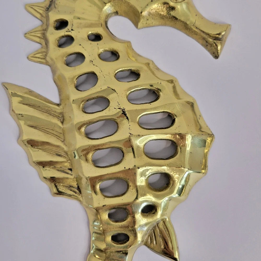 Vintage Solid Brass Sea Horse Wall Hangings Pair 14” & 12” Japan